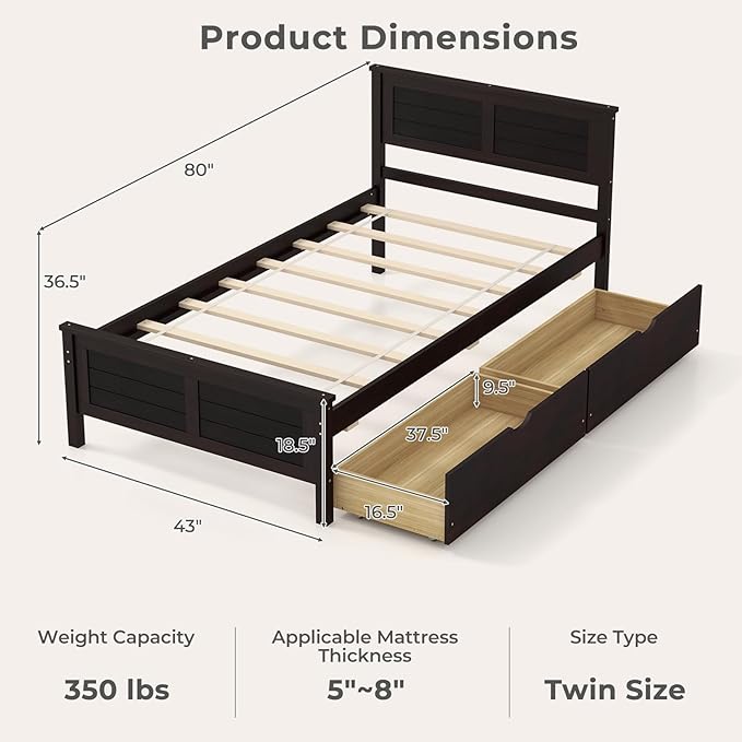 Giantex Wood Twin Bed with 2 Storage Drawers, Solid Wood Platform Bed with Headboard, Wooden Slats Support Mattress Foundation, No Spring Needed, Twin Bed Frame for Kids, Teens, Adults, Espresso