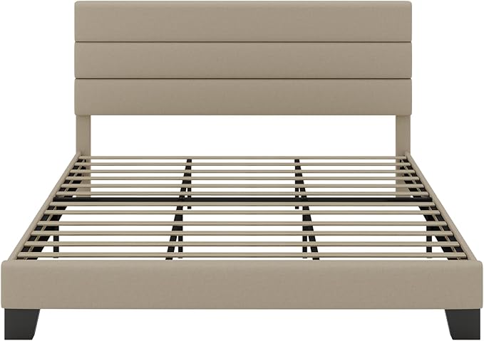 SHA CERLIN King Platform Bed Frame with Upholstered Fabric Headboard, Mattress Foundation with Strong Wooden Slats Support, No Box Spring Needed, Beige