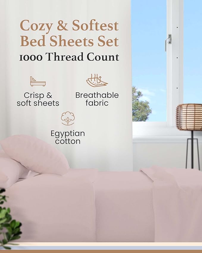 Good Sleep Bedding Split King Sheets Sets for Adjustable Bed Cotton, Luxury Sheets, Egyptian Cotton Sheets, 5 Piece 100% Cotton Split King Sheet Set, Sateen Sheetss, 2 Fitted - 16" Deep Pocket, Blush GoodSleepBedding