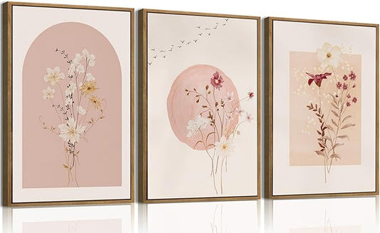KISSFOX 3 Piece Framed Wall Art Botanical Wall Decor Pink Flower Pictures Wildflowers Canvas Art Watercolor Floral Paintings Minimalist Boho Artwork for Living Room Bedroom Office
