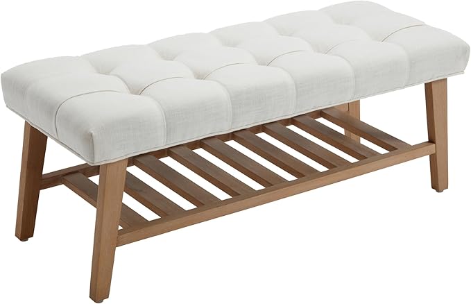 Entryway Shoe Bench Storage Benches with Upholstered Button Tufted Seat and Open Slatted Shelf Linen Shoe Rack for Hallway Living Room Bedroom End of Bed, Beige
