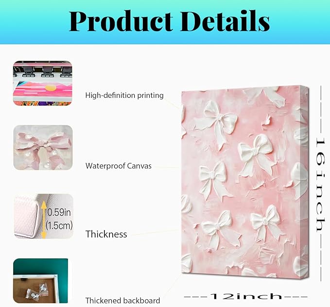 Pink Bow Canvas Wall Art Set of 3 Coquette Oil Painting Cute Bow Posters Wall Decor Trendy Preppy Print Picture for Back to School Bedroom Bathroom College Dorm 12x16 In Framed