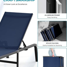 Aluminum Chaise Lounge Ourdoor - Foldable & Assemble Free Outdoor Lounge Chair with 5 Adjustable Backrest, Patio Lounge Chair for Outside Poolside Beach Pool, Navy Blue