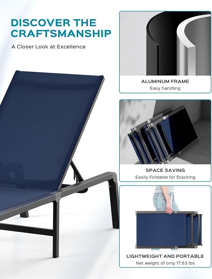 Ciokea Patio Chaise Lounge Chair, Foldable Lounge Chair for Outside, Aluminum Chairs Set of 2 with 5 Adjustable Backrest, Outdoor Pool Lounger for Poolside, Lawn, Deck, Navy Blue