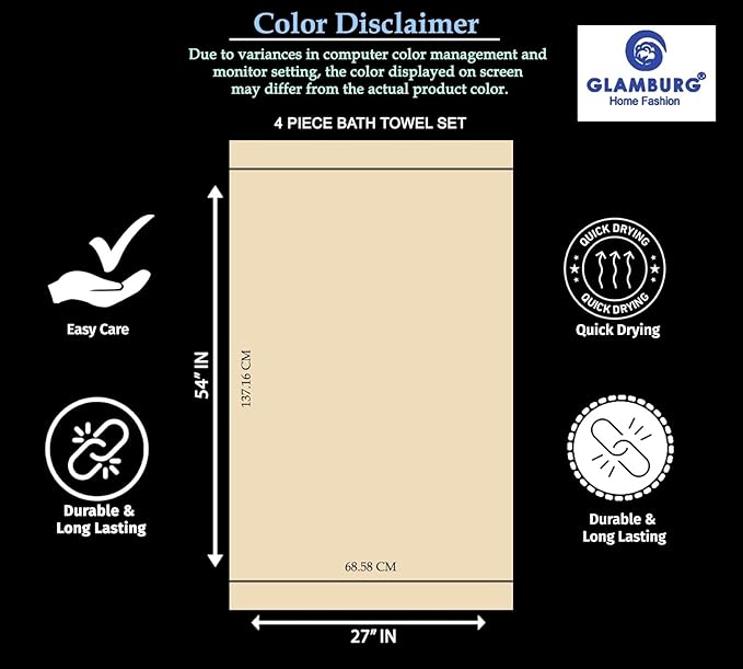 GLAMBURG Premium Cotton 4 Pack Bath Towel Set - 100% Pure Cotton - 4 Bath Towels 27x54 - Ideal for Everyday use - Ultra Soft & Highly Absorbent - Mustard Yellow