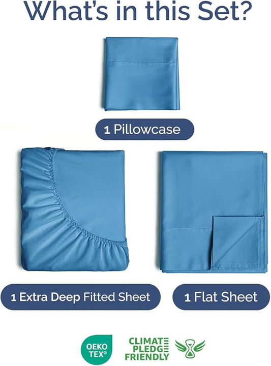 Extra Deep Pocket Twin XL Sheets - 3 Piece Breathable & Cooling Bed Sheets - Hotel Luxury Bed Sheet Set - Soft, Wrinkle Free & Comfy - Easily Fits Extra Deep Mattresses - Deep Pocket Denim Blue Sheets