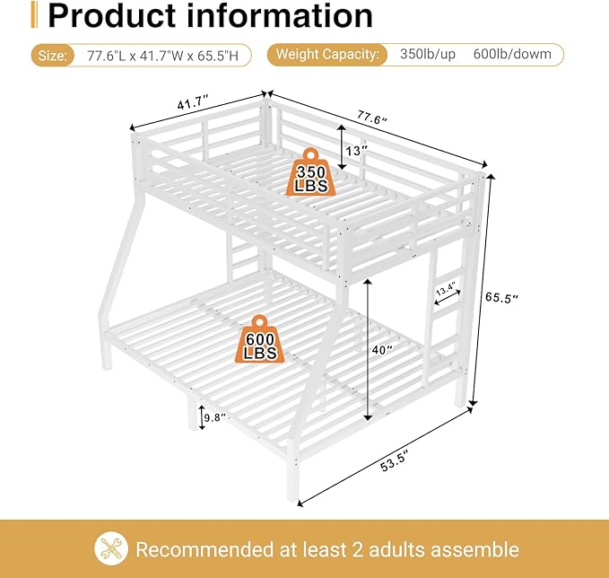Twin Over Full Bunk Bed, Metal Bunk Bed Frame Heavy Duty Bunk Beds Loft Bed Frame with Ladder and Guardrail Metal Slats No Box Spring Required for Adults Teens, White