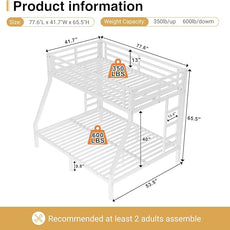 Twin Over Full Bunk Bed, Metal Bunk Bed Frame Heavy Duty Bunk Beds Loft Bed Frame with Ladder and Guardrail Metal Slats No Box Spring Required for Adults Teens, White