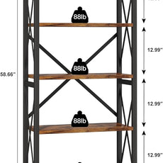Homeiju 5-Tier Bookshelf,Wood Bookcase,Book Shelf with Steel Frame, Storage Rack with Open Shelves, Rustic Standing Bookshelves Ladder Shelf 110lbs/shelf for Bedroom,Living Room and Home Office