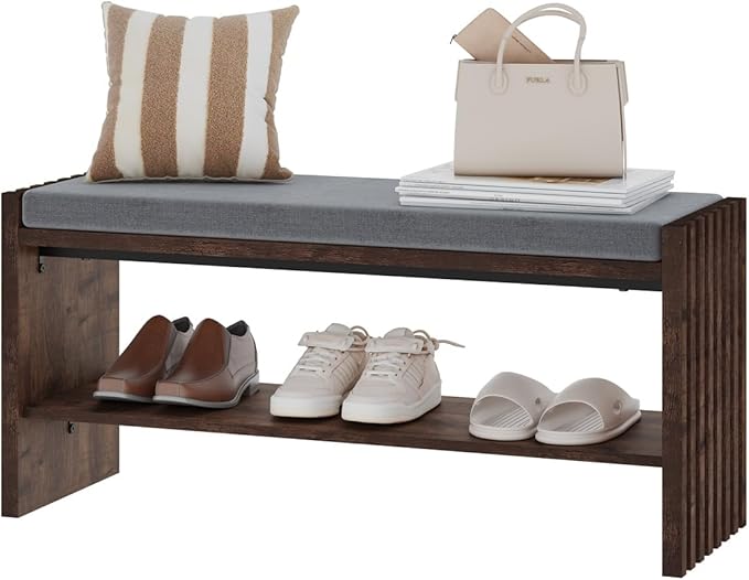 BON AUGURE Mudroom Entryway Bench with Shoe Storage, Shoe Rack Bench with Cushion, 2-Tier Wood Benches for Bedroom, Living Room, Hall (Rustic Oak, 40 in Wide)