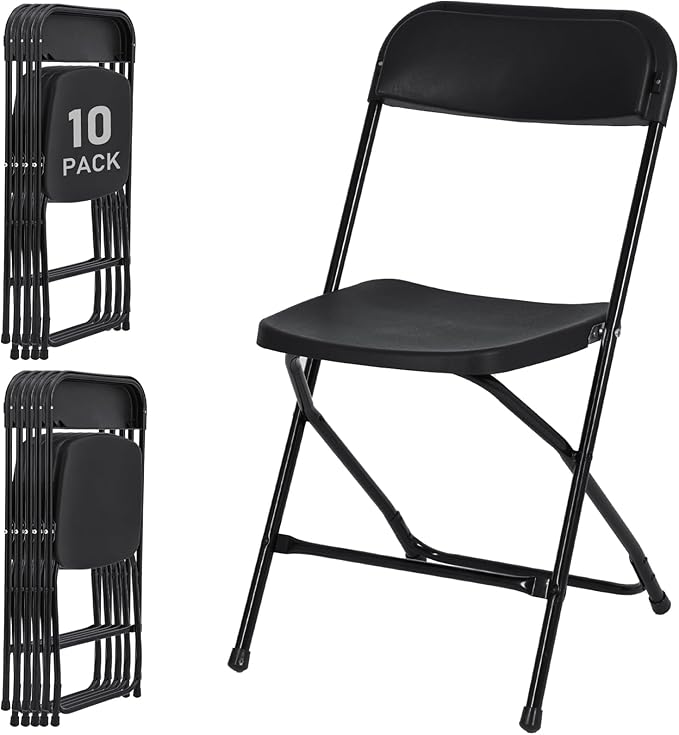 10 Pack Black Plastic Folding Chairs for Outside, Portable Stackable Commercial Metal Foldable Chairs with Steel Frame for Home Events Office Wedding Party, 350lbs Capacity
