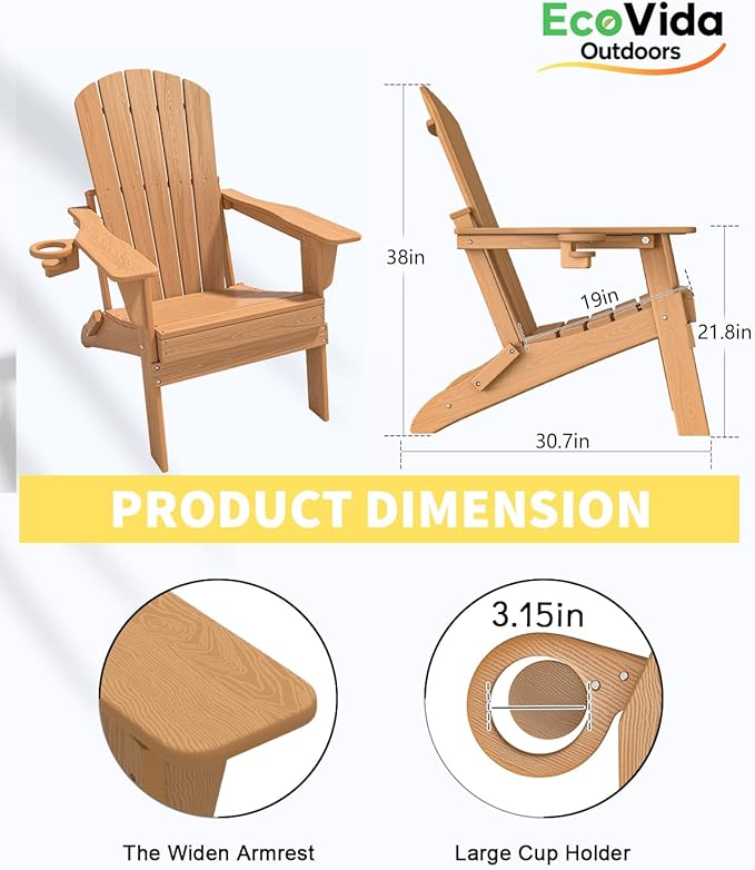 3-Piece Folding Adirondack Chair Set - 38" Extra Tall Back & Embossed Wood Grain, Oversized HDPE Patio Furniture with Side Table & Cup Holders, 380lb Heavy Duty, Cedar