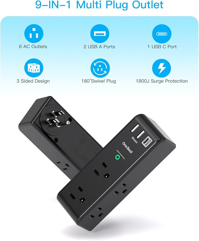 PD 20W Surge Protector Outlet Extender, Rotating Plug, One Beat 6 AC Multi Plug Outlet with 3 USB Ports (1 USB C), 1800J 3-Sided Swivel Power Strip Spaced Outlet Splitter for Home Office Dorm - Black