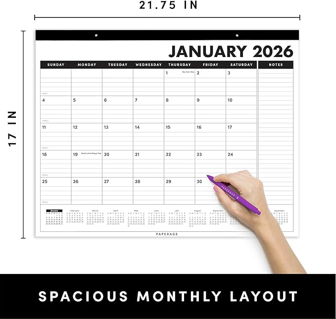 PAPERAGE 2026 Calendar, 12 Months (January 2026 - December 2026), Large (17 in x 22 in), Minimalist Wall and Desk Calendar with Monthly Views, Yearly Plans & Notes Section – Black