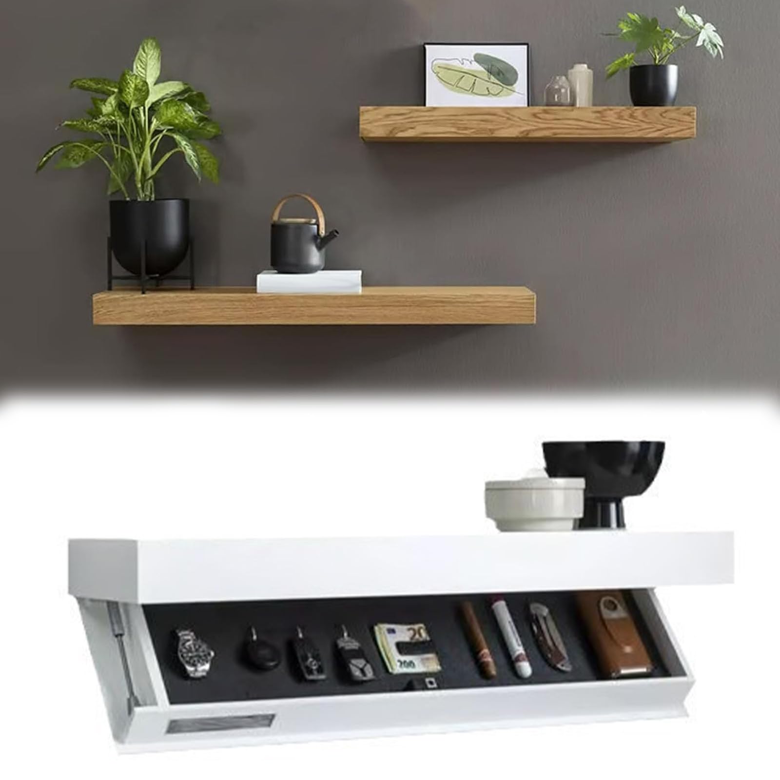 MagicFlap Designe Shelf with Secret Compartment– Hidden Compartment Storage, 50 lbs Capacity Wall Mounted Modern Shelf for Living Room Office Bedroom Concealed Safe for Valuables (Natural Wood)