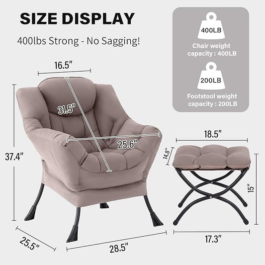 Tiita Lazy Chair with Ottoman, Modern Large Accent Lounge Armchair, Comfy Leisure Sofa Reading Chair with Footrest for Bedroom, Living Room, Dorm Rooms, Garden and Courtyard, Khaki