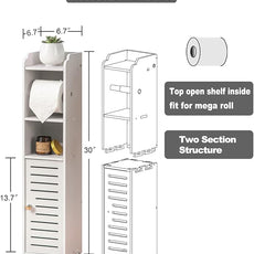 AOJEZOR Toilet Paper Holder Stand: No Drill PVC Small Bathroom Cabinet for Apartment Dwellers - Rental Deposit Protection - Small Space Storage Saving