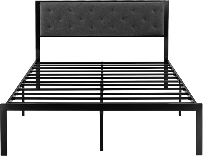 SHA CERLIN Full Size Metal Platform Bed Frame,Linen Upholstered Button Tufted Headboard, Mattress Foundation with 12.4” Under-Bed Storage, Noise-Free, Easy Assembly, No Box Spring Needed, Dark Grey