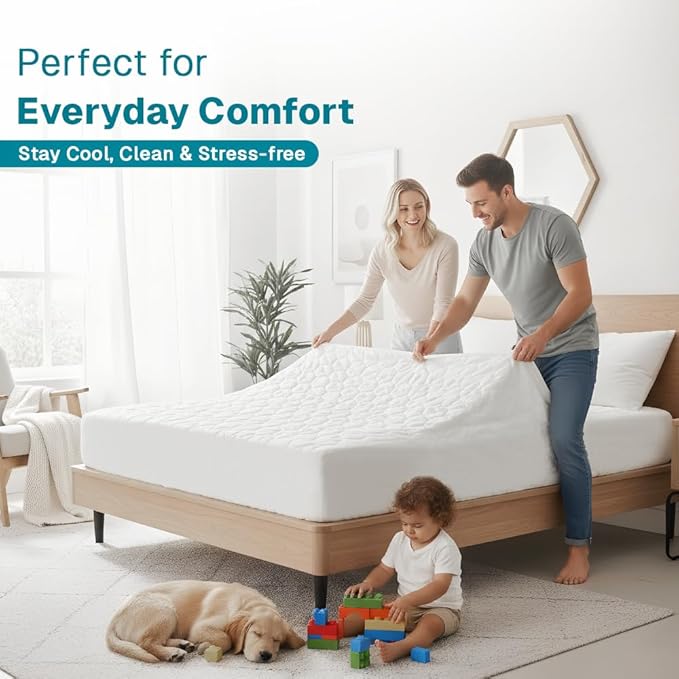 FABDREAMS Organic Quilted Mattress Protector | King Mattress Pad| Mattress Cover| Naturally Breathable | Noiseless| Fits up to 17" Deep Pockets| Temperature Regulating | King | White