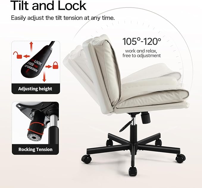 LEAGOO Criss Cross Chair with Wheels, Genuine Leather Armless Cross Legged Office Chair, Comfy Desk Chair, Modern Swivel Height Adjustable Computer Task Chair, Wide Seat Cute Chair for Home Office