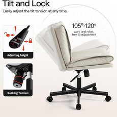LEAGOO Criss Cross Chair with Wheels, Armless Cross Legged Office Chair, Comfy PU-Leather Desk Chair, Modern Swivel Height Adjustable Computer Task Chair, Wide Seat Cute Chair for Home Office(Beige)