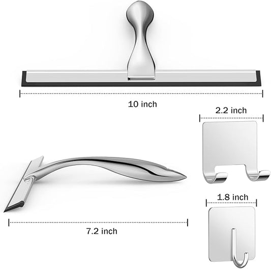All-Purpose Stainless Steel Shower Squeegee for Shower Glass Door with 2 Adhesive Hooks, Bathroom Cleaner Tool Household Window Mirror Squeegee , Cleaning Tile Wall, Car, 10 Inch Silver