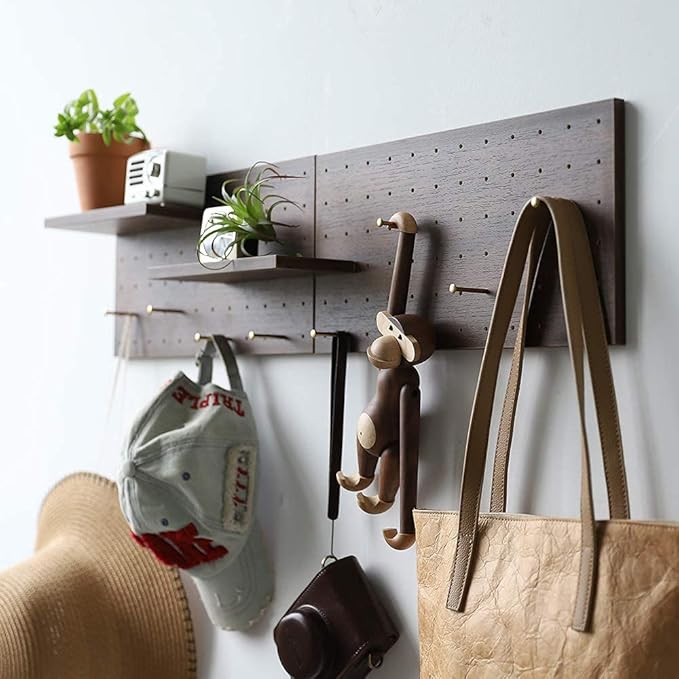 Wooden Pegboard Modular Display Organization Storage Wall Hooks Shelf 15.2in x 7.6in 2-Pack (Color:Walnut)