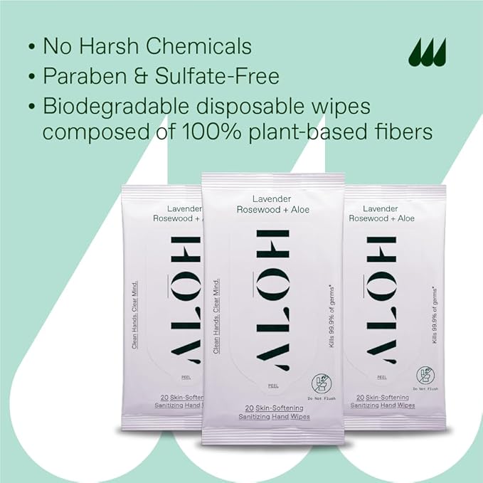 ALH Lavender Rosewood + Aloe Sanitizing Hand Wipes - Clean Hands, Clear Minds - On The Go Sanitizing Wipes for Kids and Adults - Travel Size 3 Pack, 20ct