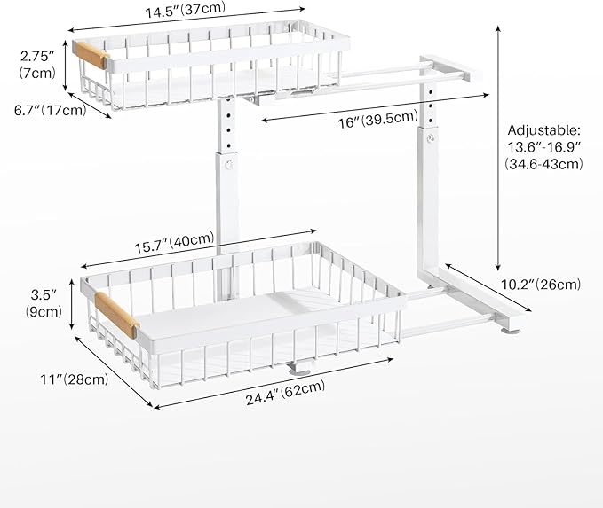 PXRACK 1 Pack Under Sink Organizer,Adjustable Height,2 Tier Pull Out Under Cabinet Organizer,Slide Out Thickened Metal Under Sink Storage for Kitchen Bathroom Laundry Cabinet Pantry,White(L)