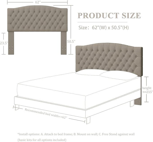 Linen Upholstered Headboard Queen/Full Size Latest Model Wall Mount, Bed Frame Mount, Featuring High-Density Sponge Padding, Luxury Texture Easy Assembly Comfort and Style-Linen