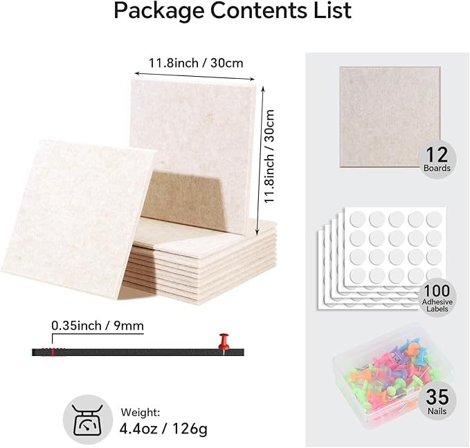 12 Pack Felt Cork Board Tiles 11.8×11.8 Inch, DIY Wall-Mounted Bulletin Board with 35 Pushpins & 100 Adhesive Pads, Sound-Absorbing Magnetic Corkboard for Home Office Classroom Vision Board (Camel)