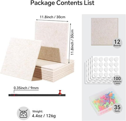 12 Pack Felt Cork Board Tiles 11.8×11.8 Inch, DIY Wall-Mounted Bulletin Board with 35 Pushpins & 100 Adhesive Pads, Sound-Absorbing Magnetic Corkboard for Home Office Classroom Vision Board (Camel)