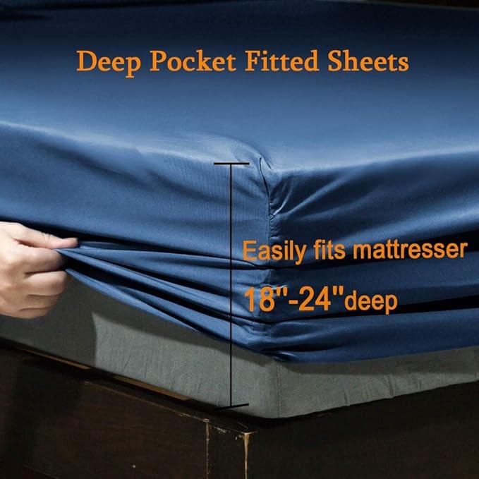 SONORO KATE Bed Sheet Set Super Soft Microfiber 1800 Thread Count Luxury Egyptian Sheets Fit 18-24 Inch Deep Pocket Mattress Wrinkle-4 Piece (Navy Blue, Twin XL)