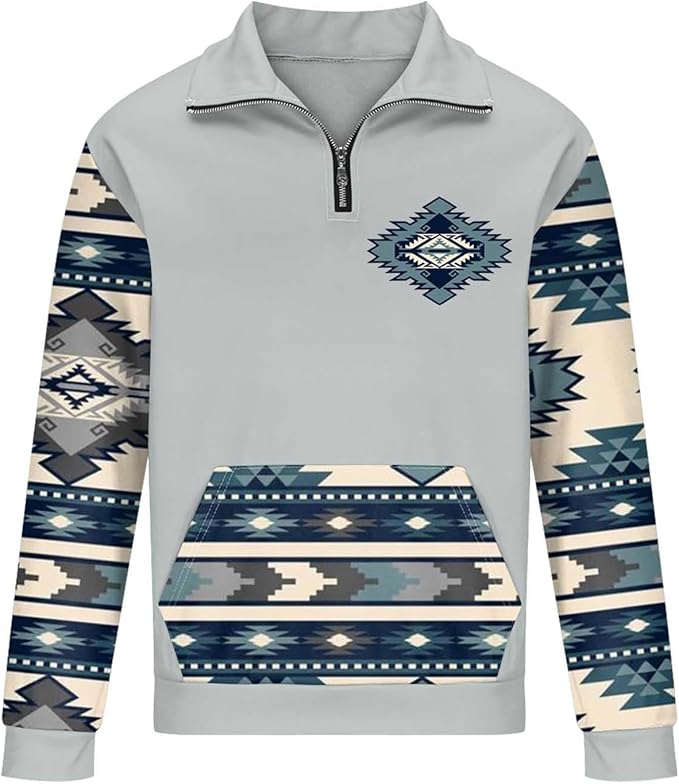 Western Sweatshirts for Men Aztec Cowboy Vintage Graphic Fleece Hoodie Mens Quarter Zip Pullover Country Jacket