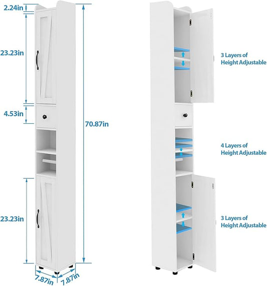 Tall Bathroom Storage Cabinet with Adjustable Shelves, Narrow Storage Cabinet with 2 Doors, Drawer, Toilet Paper Holder, Slim Storage Cabinet for Small Space, Kitchen, Laundry, Entryway, White
