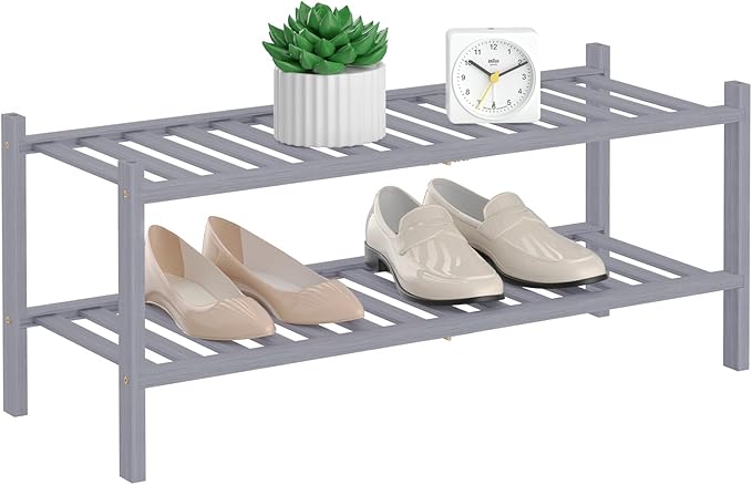 RONGJlA 2 Tier Bamboo Shoe Rack for Closet Free Standing Wood Shoe Shelf Storage Organizer for Entryway Small Space Stackable, Grey
