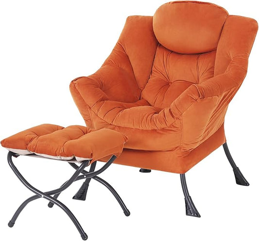 Lazy Chair with Folding Ottoman, Modern Accent Lounge Armchair with Armrests, a Side Pocket & Foldable Footstool, Leisure Reading Chair for Living Room, Bedroom, Dorm & Office, Velvet Orange