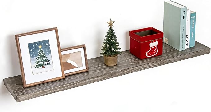 Fun Memories Floating Shelves for Wall, 48"x9.3" Rustic Solid Elm Wood Shelves, Heavy-Duty Wall Mounted Shelves with Invisible Brackets for Living Room, Bedroom, Kitchen, Grey Finish