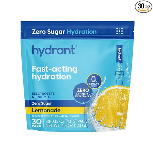 Hydrant Hydrate No Added Sugar, Individual Hydration Electrolyte Powder Stick Packets with Zero Sugar and Electrolytes for Rapid Hydration (Lemonade, 30 Count)