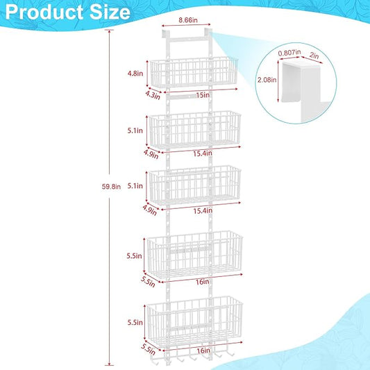 Adjustable Over The Door Organizer, Metal Hanging Door Organizer with 5 Wire Basket 7 Hooks, Wall Mounted Shelf for Pantry Closet Organization and Storage, White
