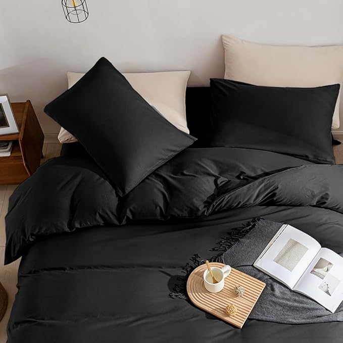 JELLYMONI Black Duvet Cover Queen Size - 100% Washed Cotton Linen Like Textured Comforter Cover, 3 Pieces Breathable Soft Bedding Set with Zipper Closure (Black, Queen 90"x90")