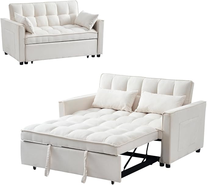 Futon Sofa Bed, 3 in 1 Sleeper Sofa Couch Bed with Armrests, Storage Pockets and 2 Pillows, Adjustable Backrest, Sofa Bed Couch for Living Room, Bedroom, Office,Reading Room(Beige)