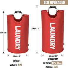 DOKEHOM 90L Large Laundry Basket, Collapsible Laundry Bag, Freestanding Tall Clothes Hamper, Foldable Washing Bin (Red)