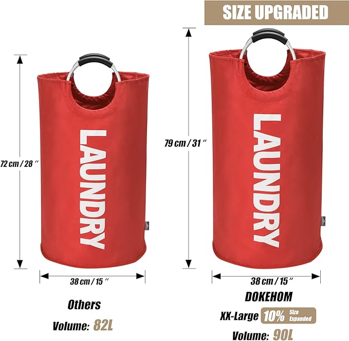 DOKEHOM 90L Large Laundry Basket, Collapsible Laundry Bag, Freestanding Tall Clothes Hamper, Foldable Washing Bin (Red)