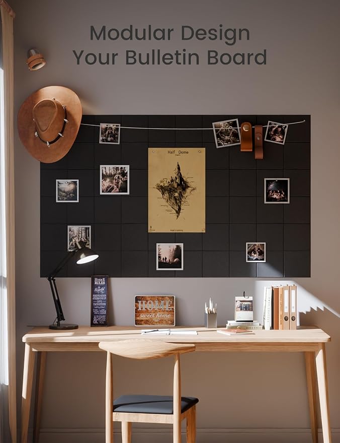 Large Felt Bulletin Board 48" x 36", 12-Pack 4-Compartment Wall Organizer, Cork Board Alternative with 70 Removable Adhesive Tabs, Modular Felt Panels for Home Office, Classroom and Study-Black