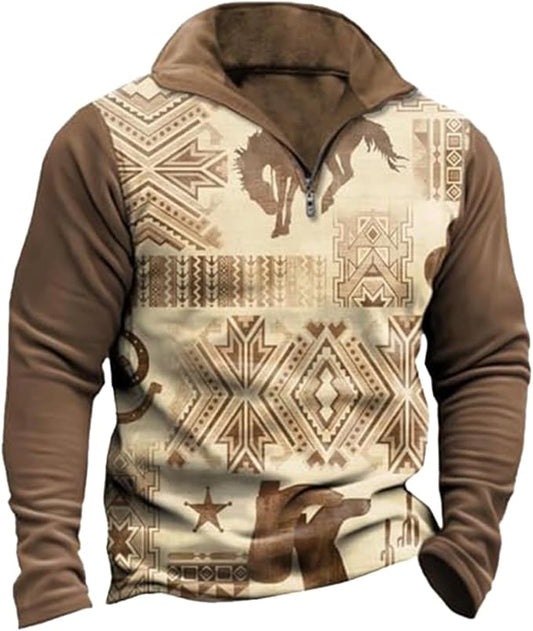 Western Sweatshirts for Men Aztec Cowboy Vintage Graphic Fleece Hoodie Mens Quarter Zip Pullover Country Jacket