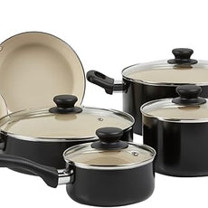 Amazon Basics 11-Piece Ceramic Non-Stick Pots and Pans Set, Dishwasher & Oven Safe, Non-Toxic, Easy Clean, Black/Cream
