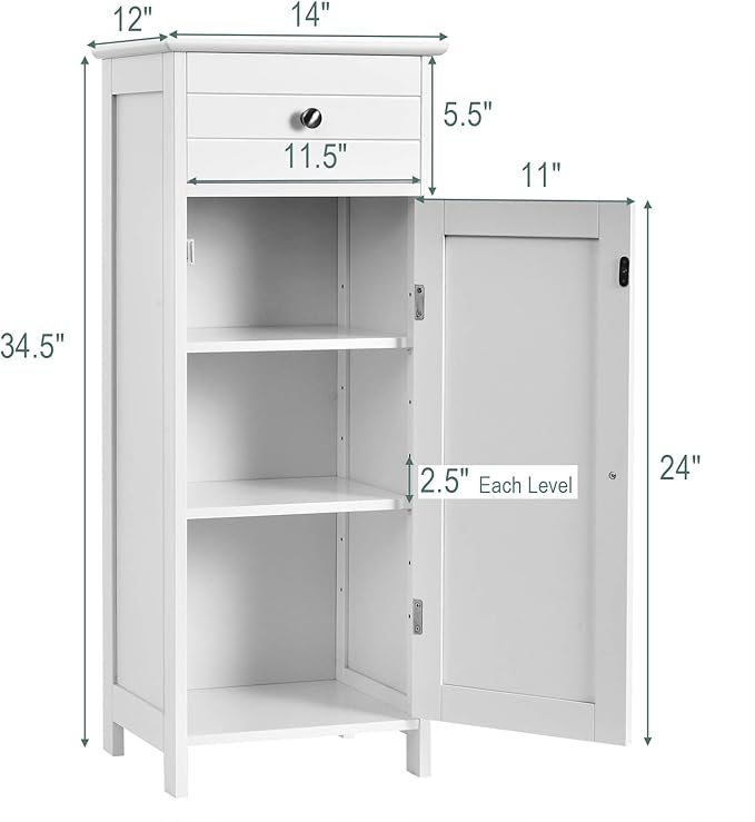 Tangkula Bathroom Floor Cabinet, Wooden Side Storage Organizer, Free-Standing Single Door Floor Storage Cabinet with Large Drawer & 2 Adjustable Shelves for Living Room Kitchen (White)