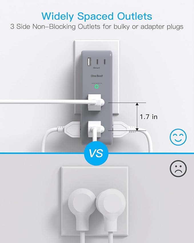 Surge Protector Outlet Extender with Rotating Plug, 6 AC Multi Plug Outlet with 3 USB Ports (2 USB C), 1800 Joules, 3-Sided Swivel Power Strip with Spaced Outlet Splitter for Home, Office, Dorm, Grey