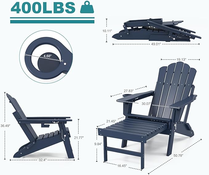 FOOWIN Adjustable Adirondack Chair with Retractable Ottoman Set of 6, Folding Adirondack Chair with Cup Holder, HDPE All-Weather Fire Pit Chair for Patio, Yard, Poolside, Navy Blue